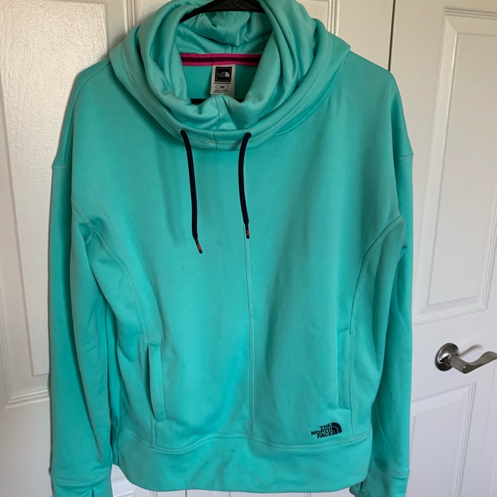 Teal hooded crew neck North Face sweatshirt